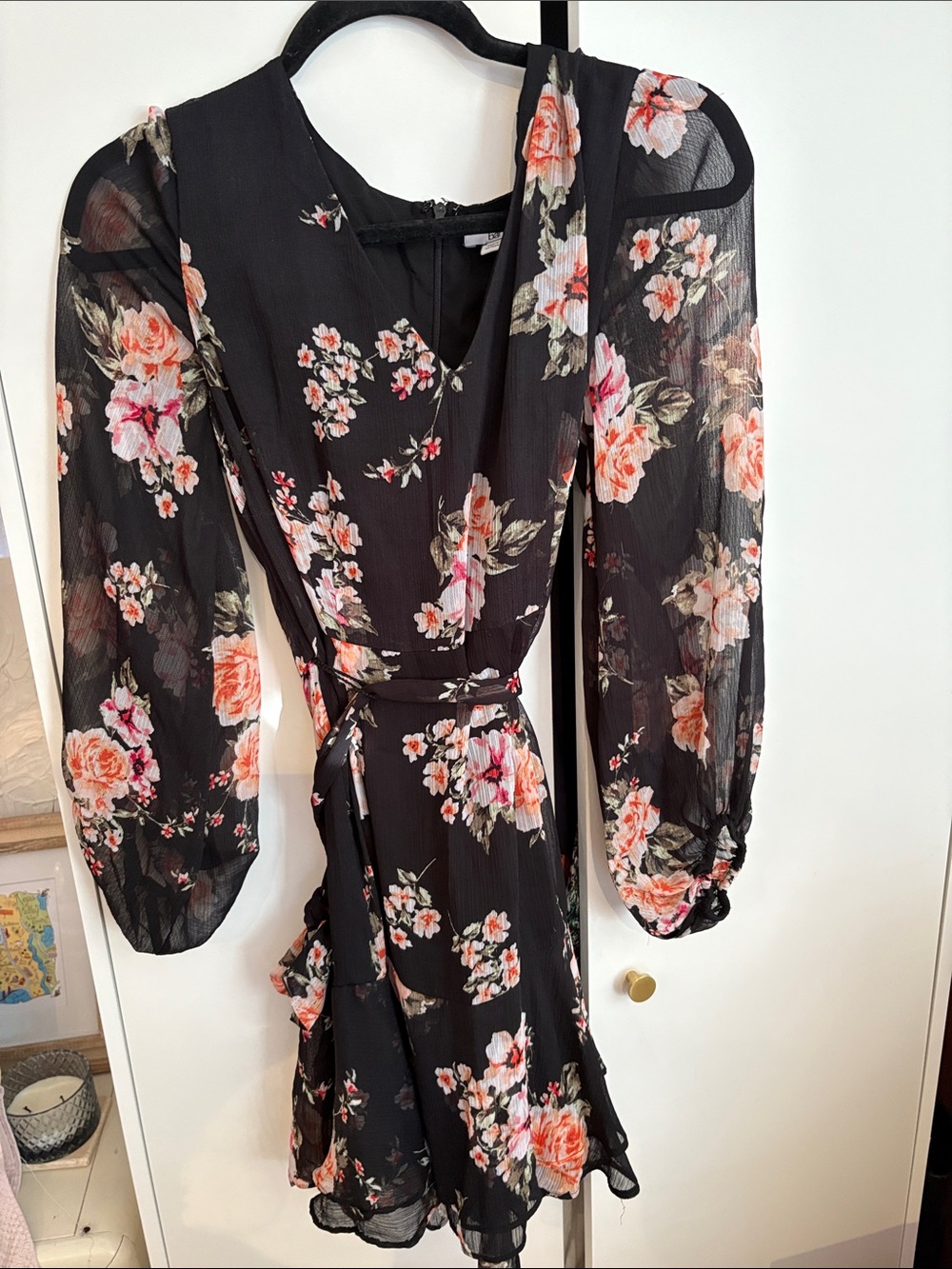 Bar III Black Floral Long-Sleeve Wrap Dress